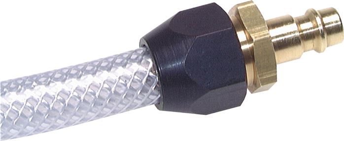 Exemplarische Darstellung: Kupplungsstecker mit Überwurfmutter für PVC-Schlauch, Messing / Aluminium